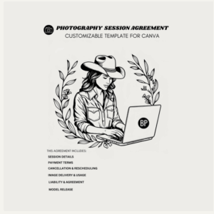 Illustration of a woman in a hat using a laptop with floral frame, promoting a customizable photography session agreement template